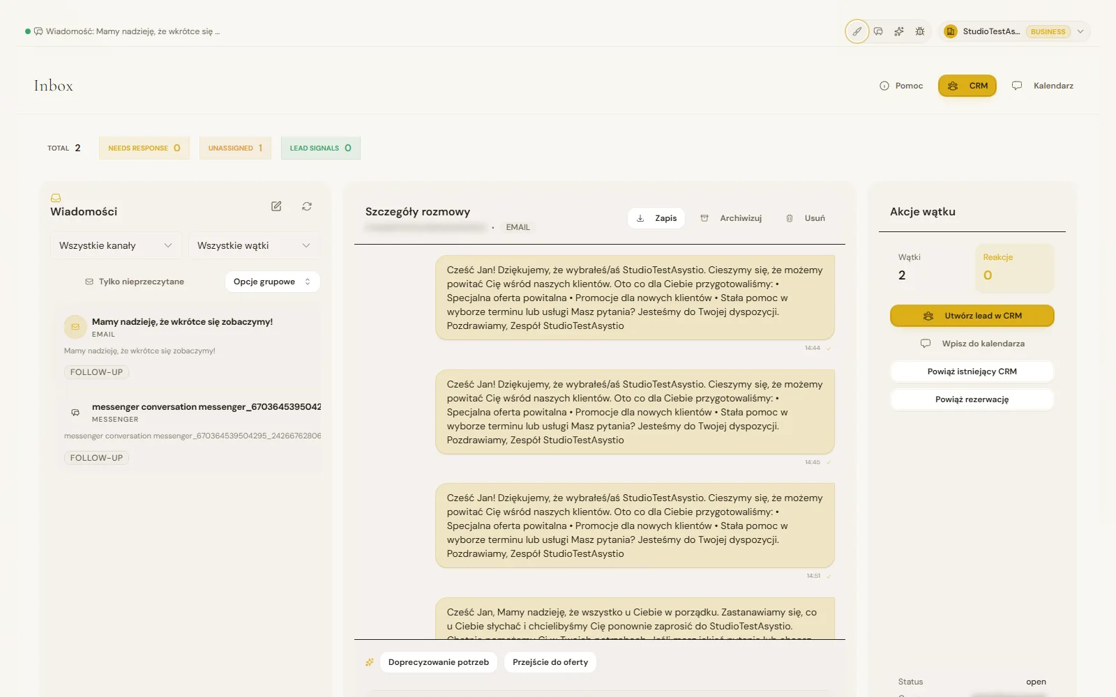 Zrzut ekranu inboxa Asystio z akcjami wątku dla CRM i kalendarza